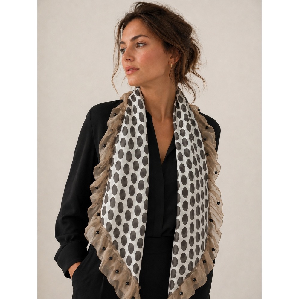 Polka Dot Satin Ruffle Scarf Beaded Chiffon Border Taupe Black Quiet Luxury‎ OS